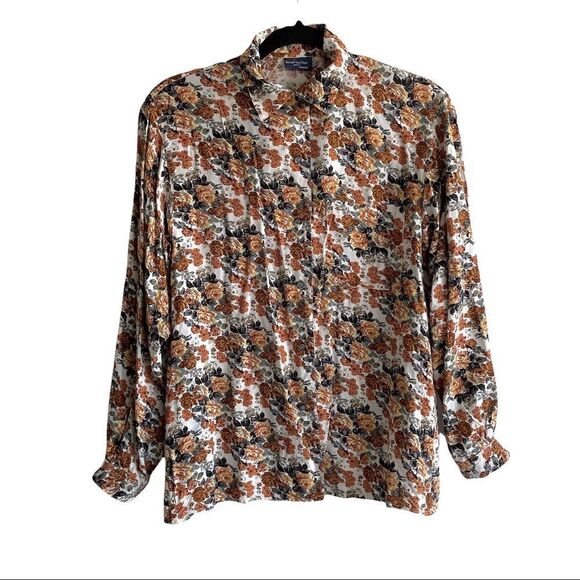 DANIEL HECHTER Vintage Button Front Blouse Floral Print Brown M - Picture 1 of 7